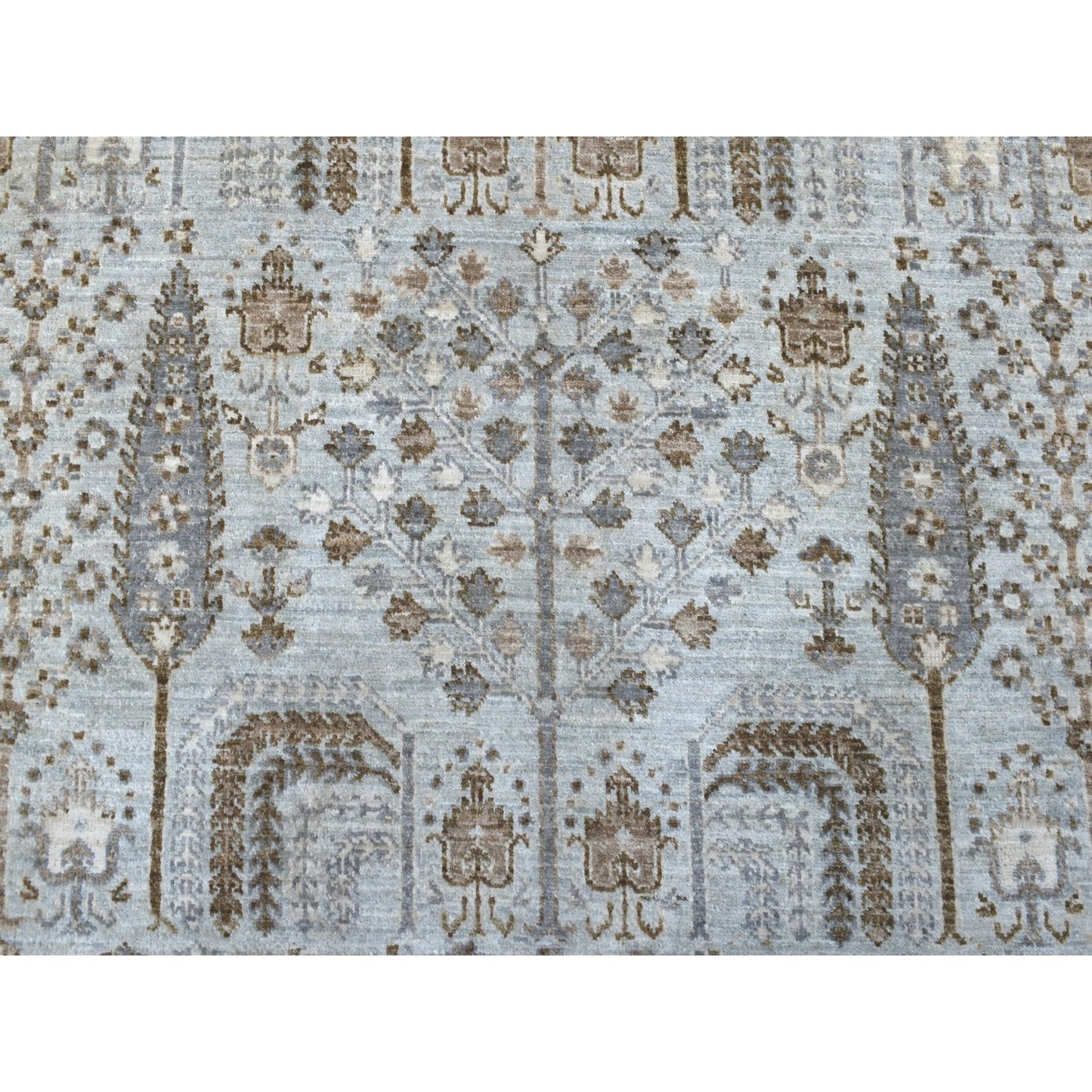 8'3"X8'3" Gray Peshawar With Folk Art Cypress Tree Design Shiny Wool Rug