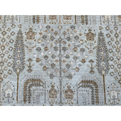 8'3"X8'3" Gray Peshawar With Folk Art Cypress Tree Design Shiny Wool Rug