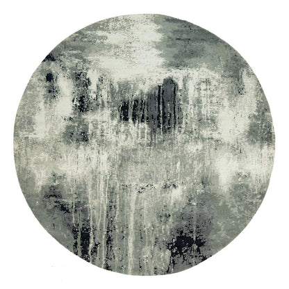 8'X8' Black Hand Knotted Abstract Wool And Silk Round Rug