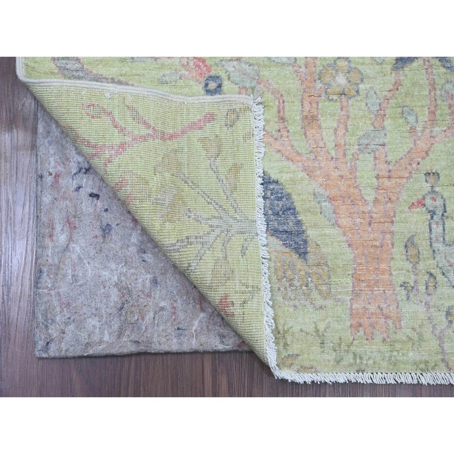 2'5"X9'9" Green Afghan Peshawar Birds Design Hand Knotted Wool Runner Rug