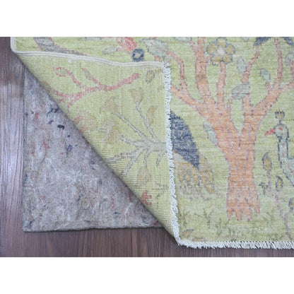 2'5"X9'9" Green Afghan Peshawar Birds Design Hand Knotted Wool Runner Rug