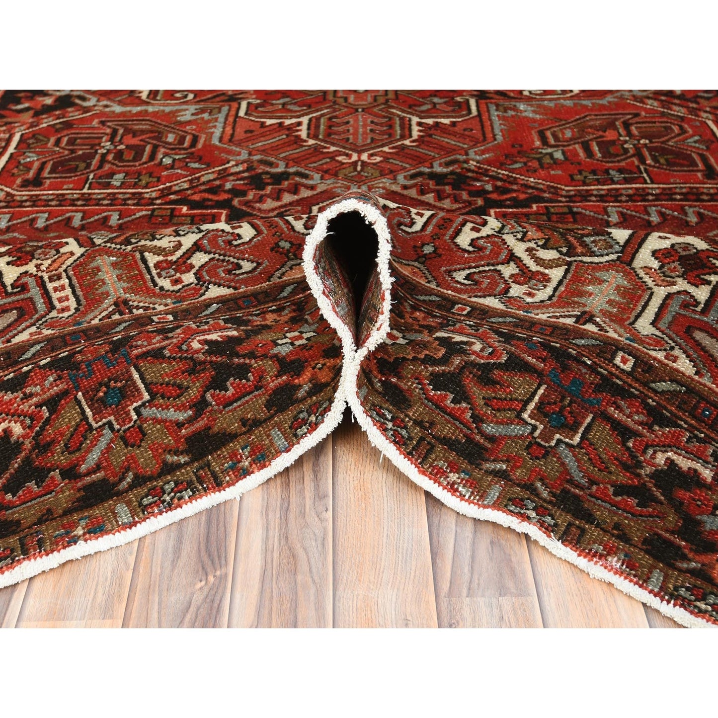 9'9"X12'4" Tomato Red Vintage Zoroastrian Heris Worn Wool Hand Knotted