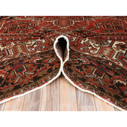 9'9"X12'4" Tomato Red Vintage Zoroastrian Heris Worn Wool Hand Knotted