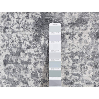 2'8"X10' Gray Erased Zoroastrian Design Wool/Silk Hand Knotted Runner Rug