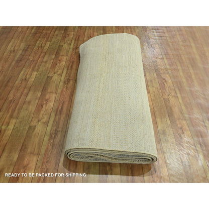 9'1"X12'3" Ecru Brown Modern Grass Design Hand Knotted Wool And Silk Rug