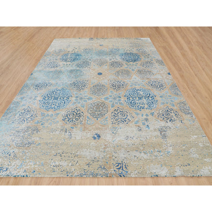 8'10"X12' Gray Snowflake Silk With Textured Wool Oriental Rug