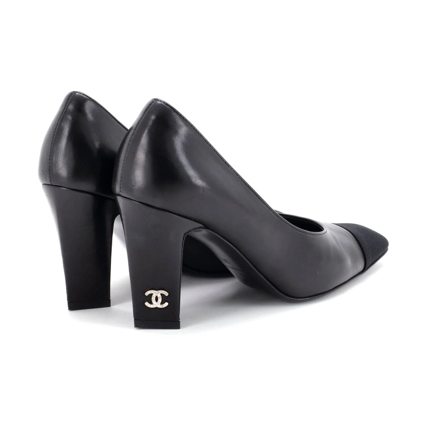 Chanel Women'S Cap Toe Cc Block Heel Pumps Leather With Grosgrain