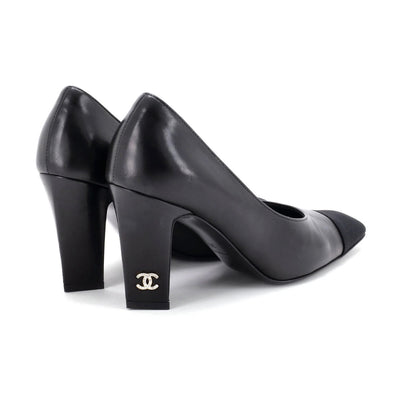 Chanel Women'S Cap Toe Cc Block Heel Pumps Leather With Grosgrain