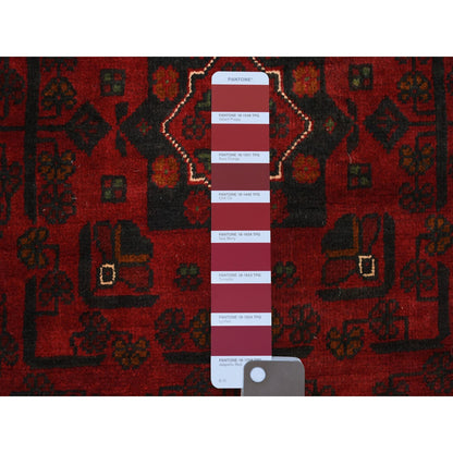 3'X9'6" Red Afghan Khamyab Shiny Wool Hand Knotted Wide Runner Rug