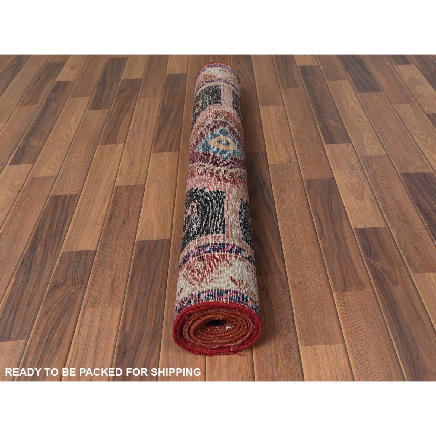 3'9"X10'9" Red Farsian Heris With Geometric Design Hand Knotted Wool Rug