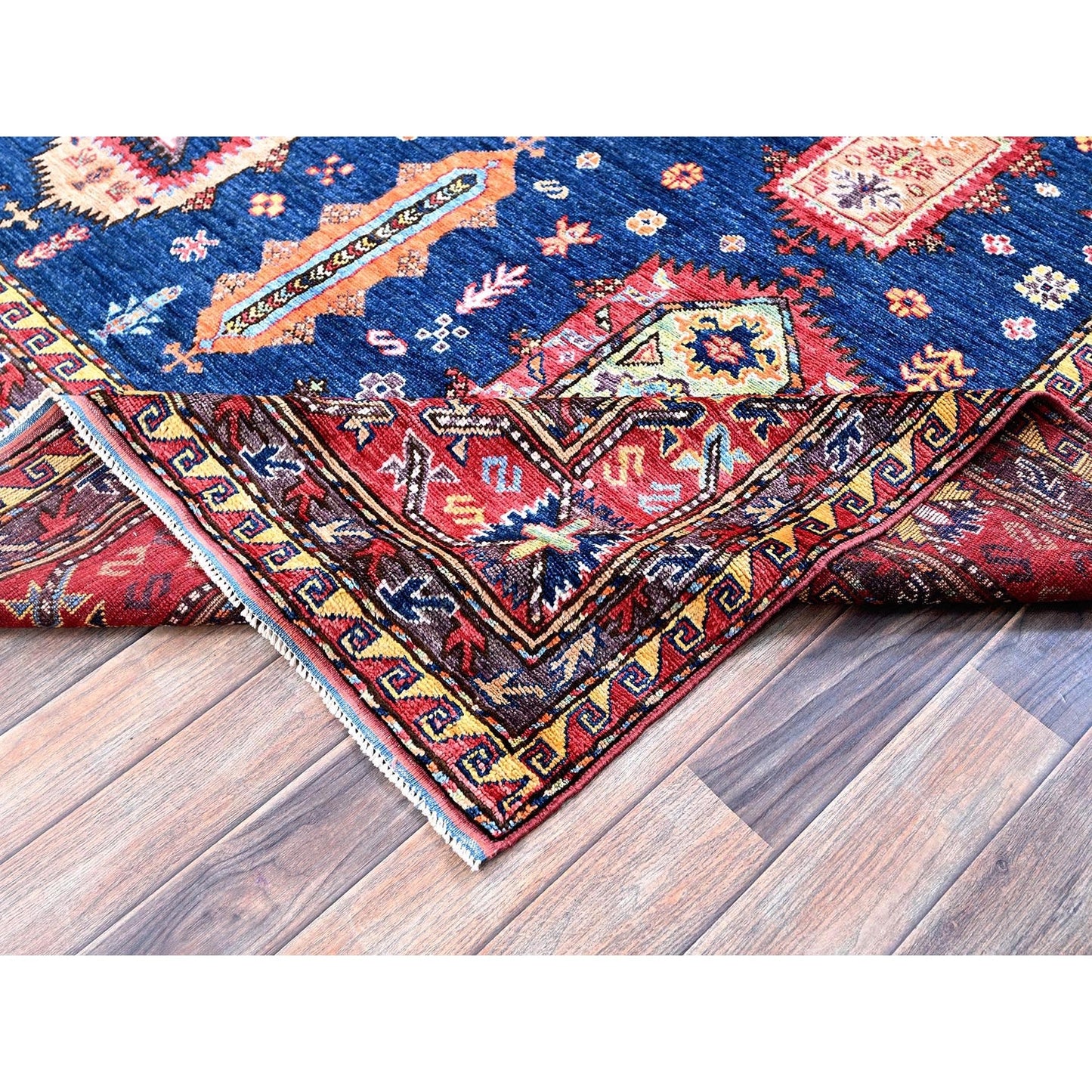 8'5"X9'8" Yale Blue Afghan Caucasian Design Revival Hand Knotted Wool Rug