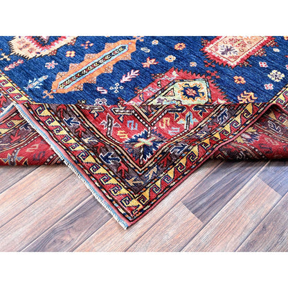 8'5"X9'8" Yale Blue Afghan Caucasian Design Revival Hand Knotted Wool Rug