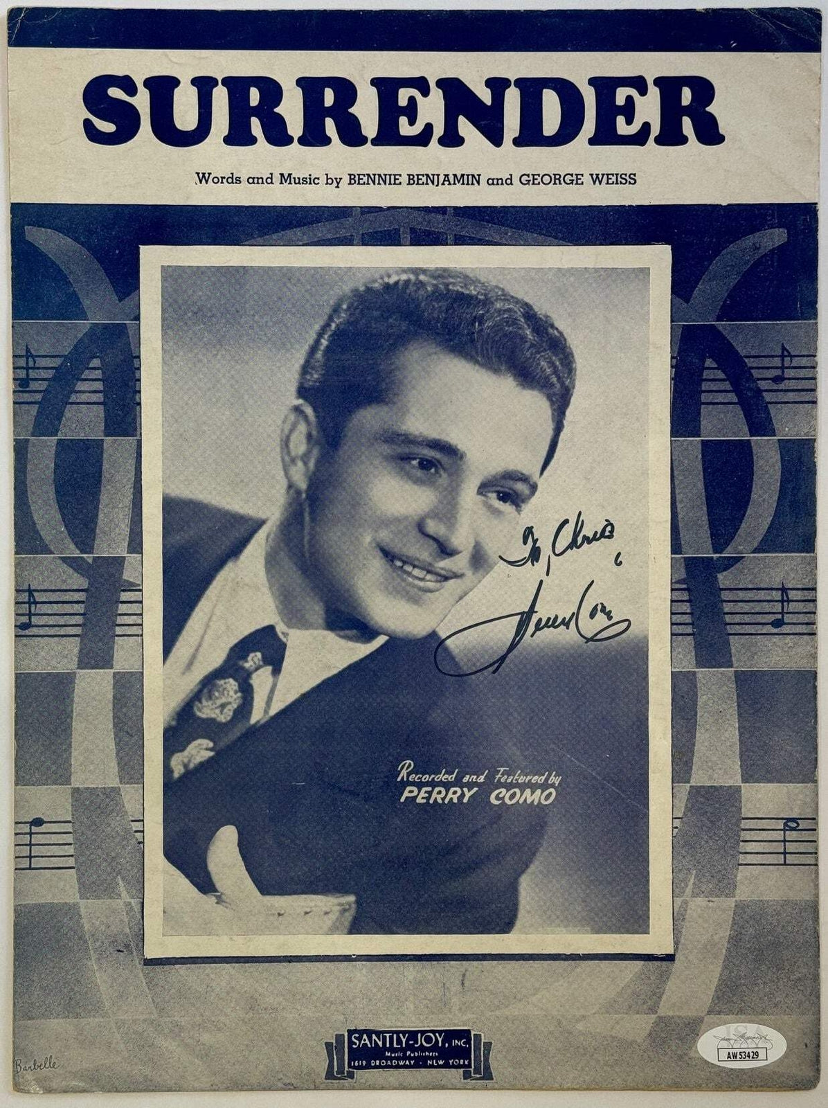 Perry Como Surrender Autographed Sheet Music (Jsa)