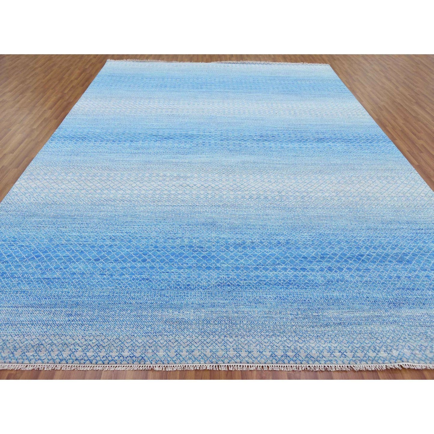 Rug 10'x14'3" Blue Pure Wool Hand Knotted Modern Chiaroscuro Collection