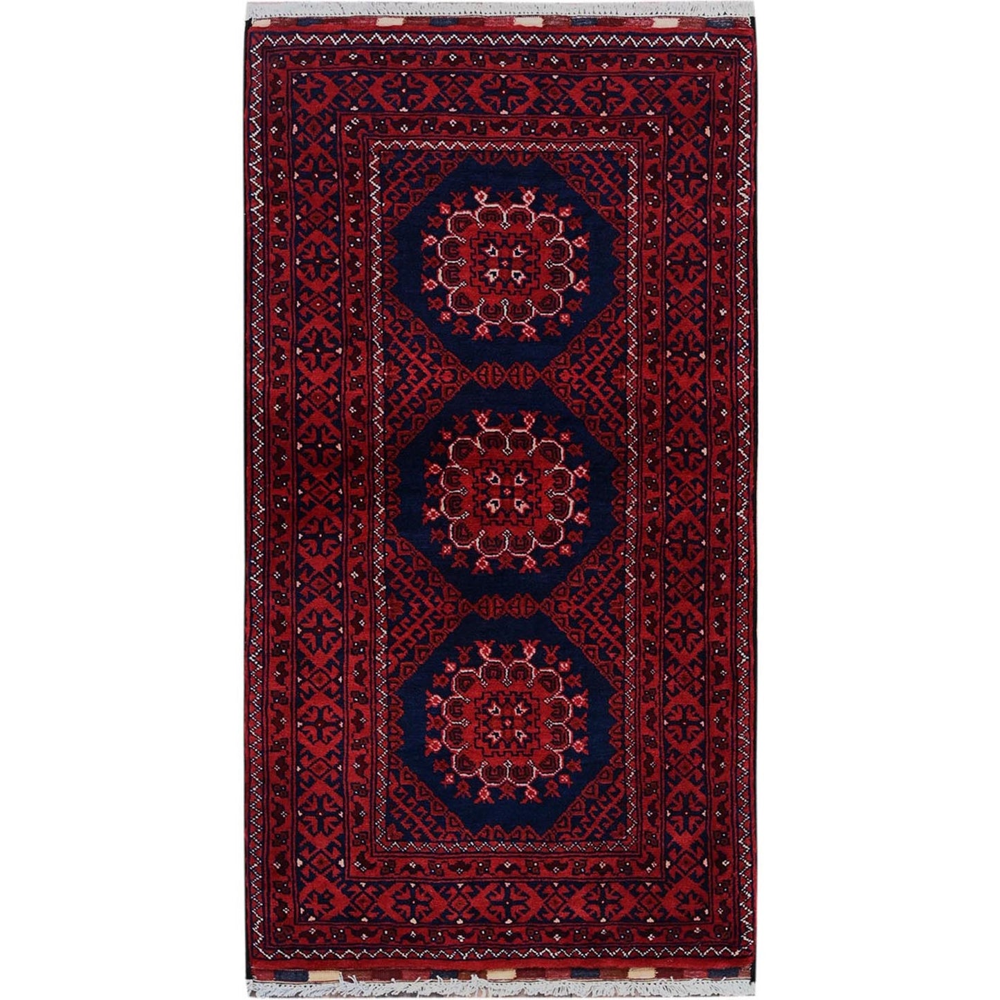 2'2"X4' Red Hand Knotted Afghan Khamyab Tribal Design Pure Wool Sample Rug