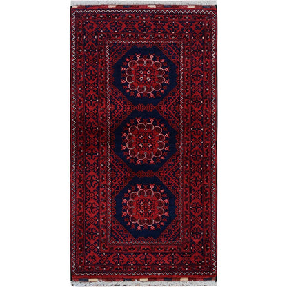 2'2"X4' Red Hand Knotted Afghan Khamyab Tribal Design Pure Wool Sample Rug