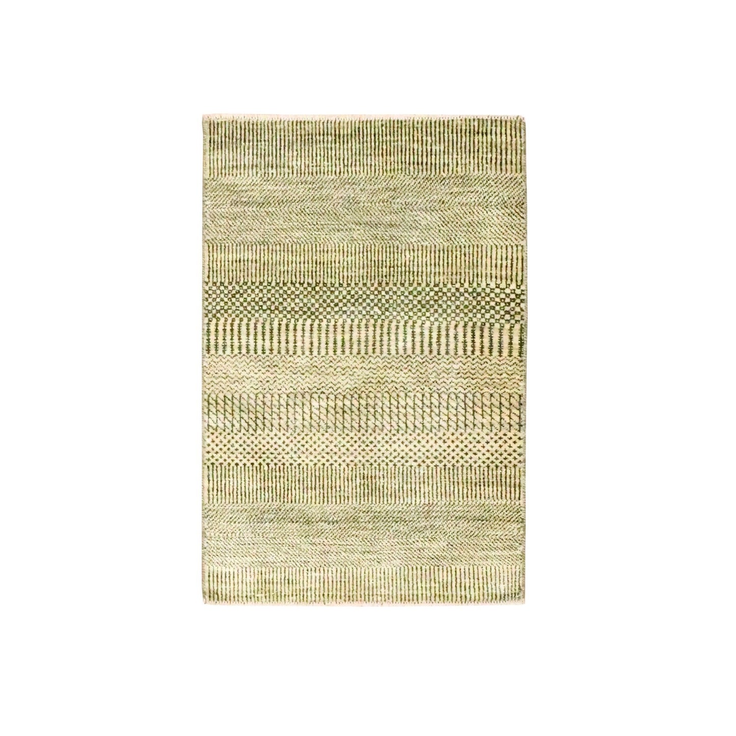 2'X3' Beige Modern Grass Design Hand Knotted Wool And Silk Mat Sample Rug