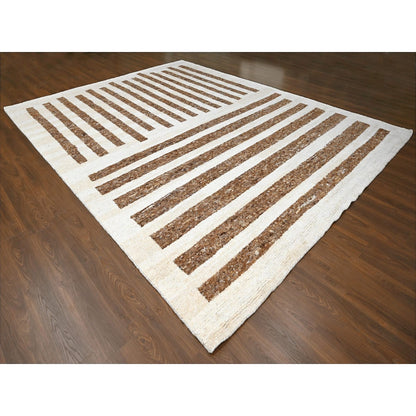 12'2"X14'10" Brown Wool Minimalist Stripe Hand Knotted Oversized Rug