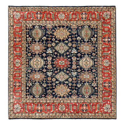 8'X8' Black Wool Karajeh Design Hand Knotted Square Oriental Rug