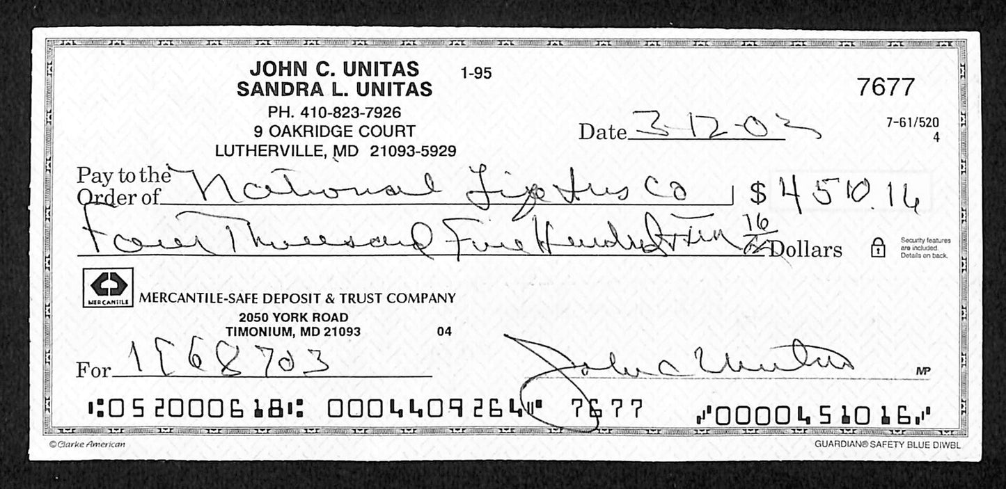 Johnny Unitas Hof Signed/Autographed 2002 Bank Check Baltimore Colts Jsa 199036