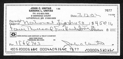 Johnny Unitas Hof Signed/Autographed 2002 Bank Check Baltimore Colts Jsa 199036