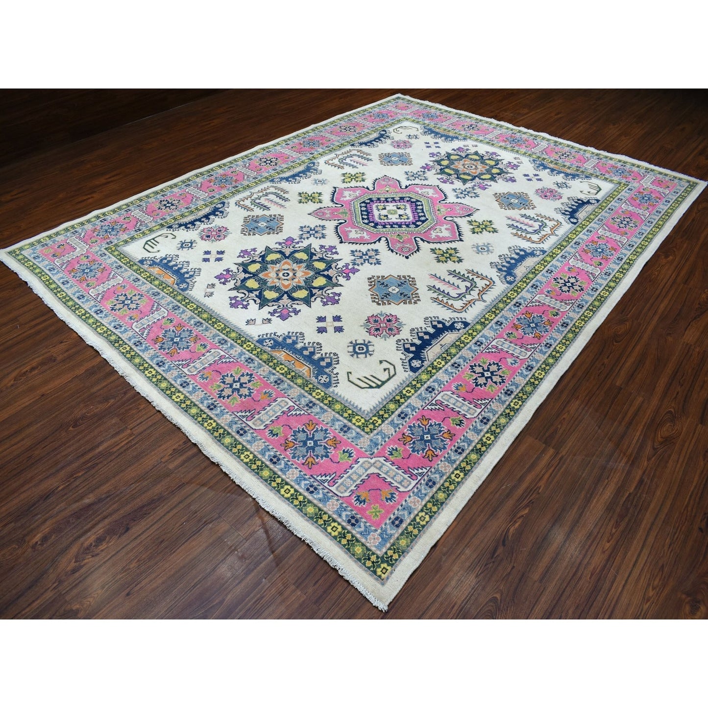 8'10"X11'6" Colorful Ivory Fusion Kazak Natural Wool Hand Knotted Rug