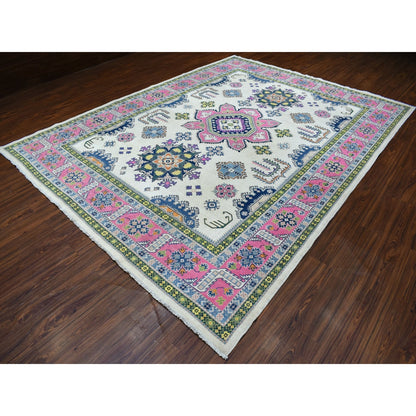 8'10"X11'6" Colorful Ivory Fusion Kazak Natural Wool Hand Knotted Rug