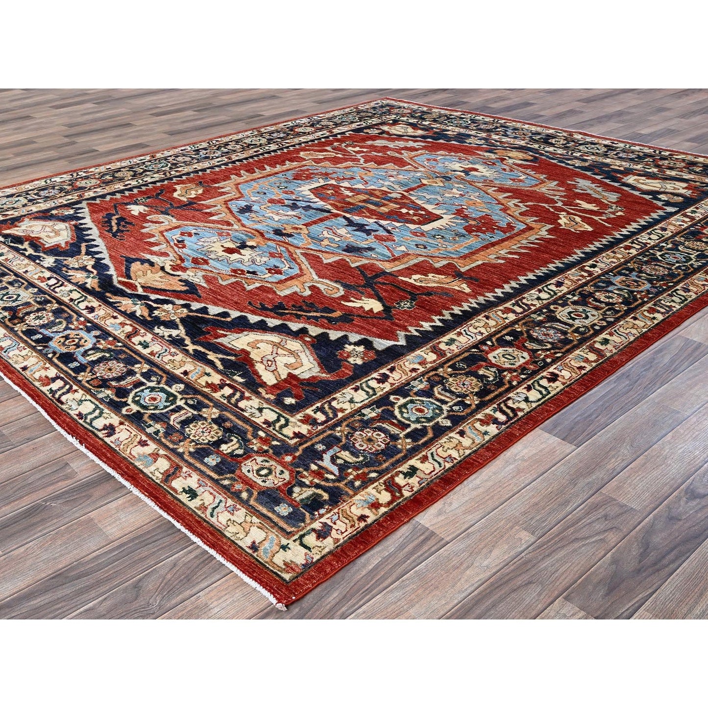 8'1"X9'8" Scarlet Red Peshawar Heris Hand Knotted High Mountain Wool Rug