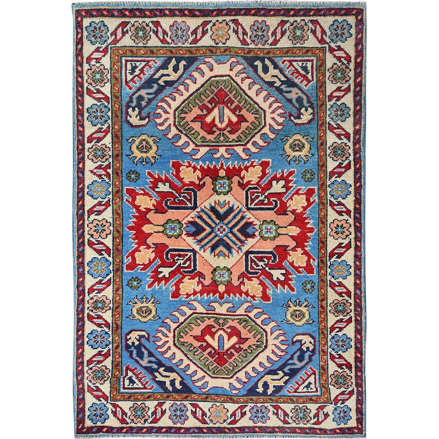 2'8"X4' Blue Kazak Geometric Design Hand Knotted Soft Wool Mat Sample Rug