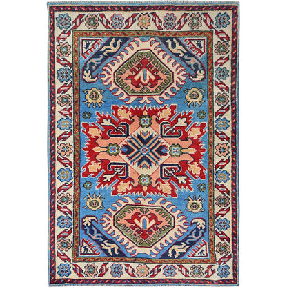 2'8"X4' Blue Kazak Geometric Design Hand Knotted Soft Wool Mat Sample Rug