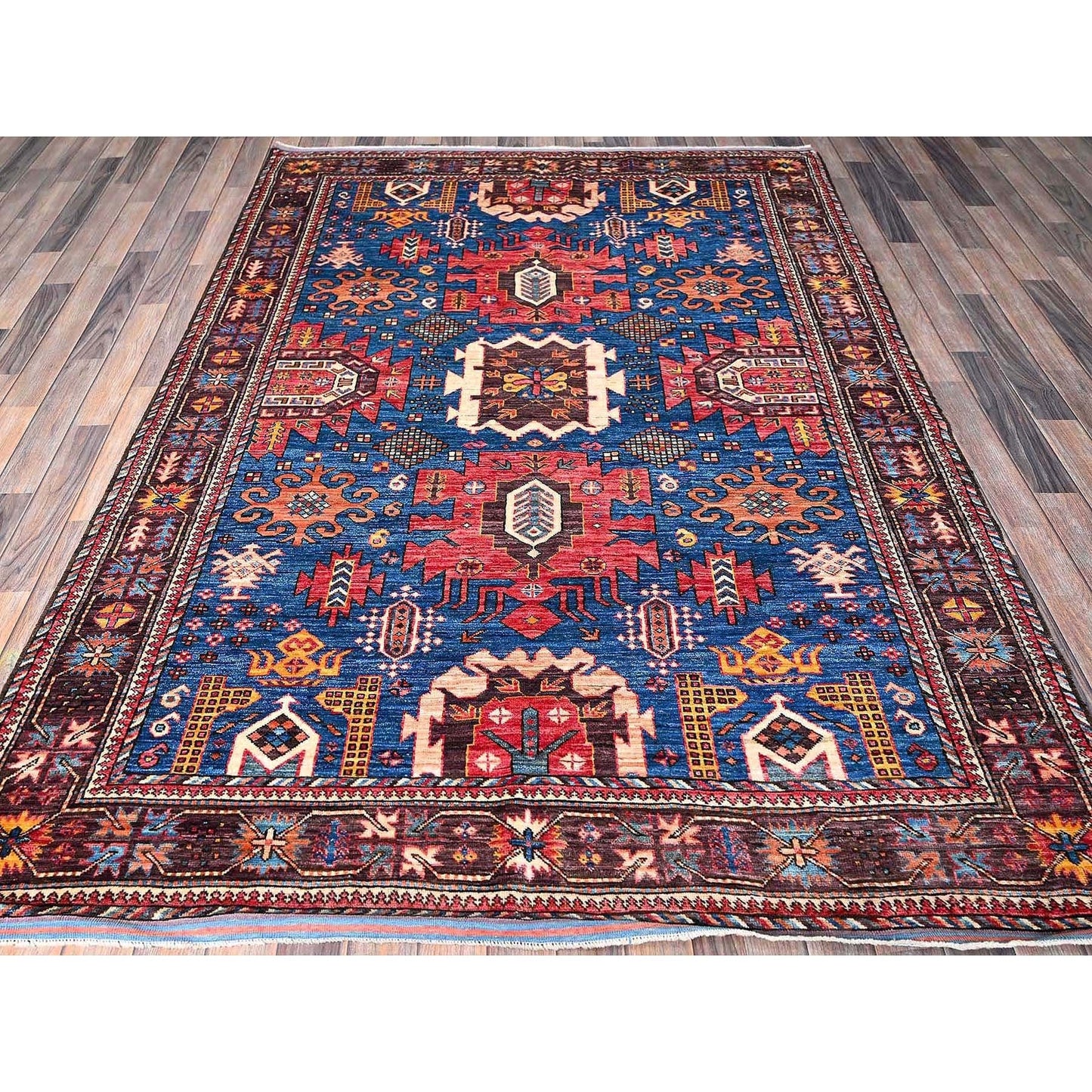 6'X7'10" Blue Afghan Caucasian Design Revival Hand Knotted Soft Wool Rug