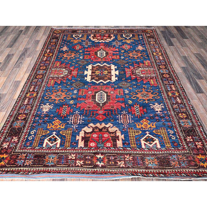 6'X7'10" Blue Afghan Caucasian Design Revival Hand Knotted Soft Wool Rug