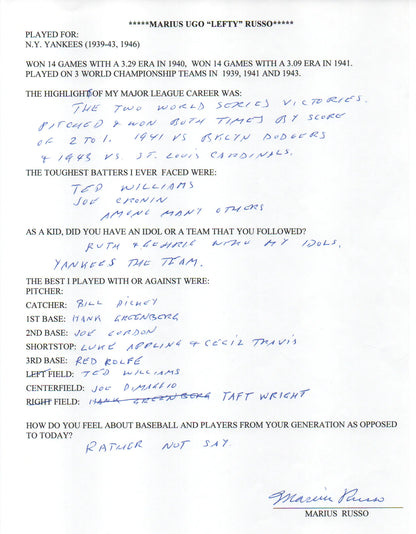 Marius Russo Autographed Hand Filled Out Survey Page (Jsa)