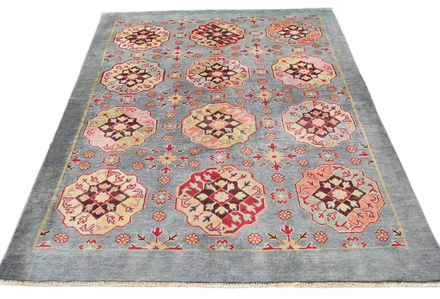 Hand-Knotted Kazak Oushak Rug 4X6 Ft Geometric
