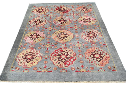 Hand-Knotted Kazak Oushak Rug 4X6 Ft Geometric