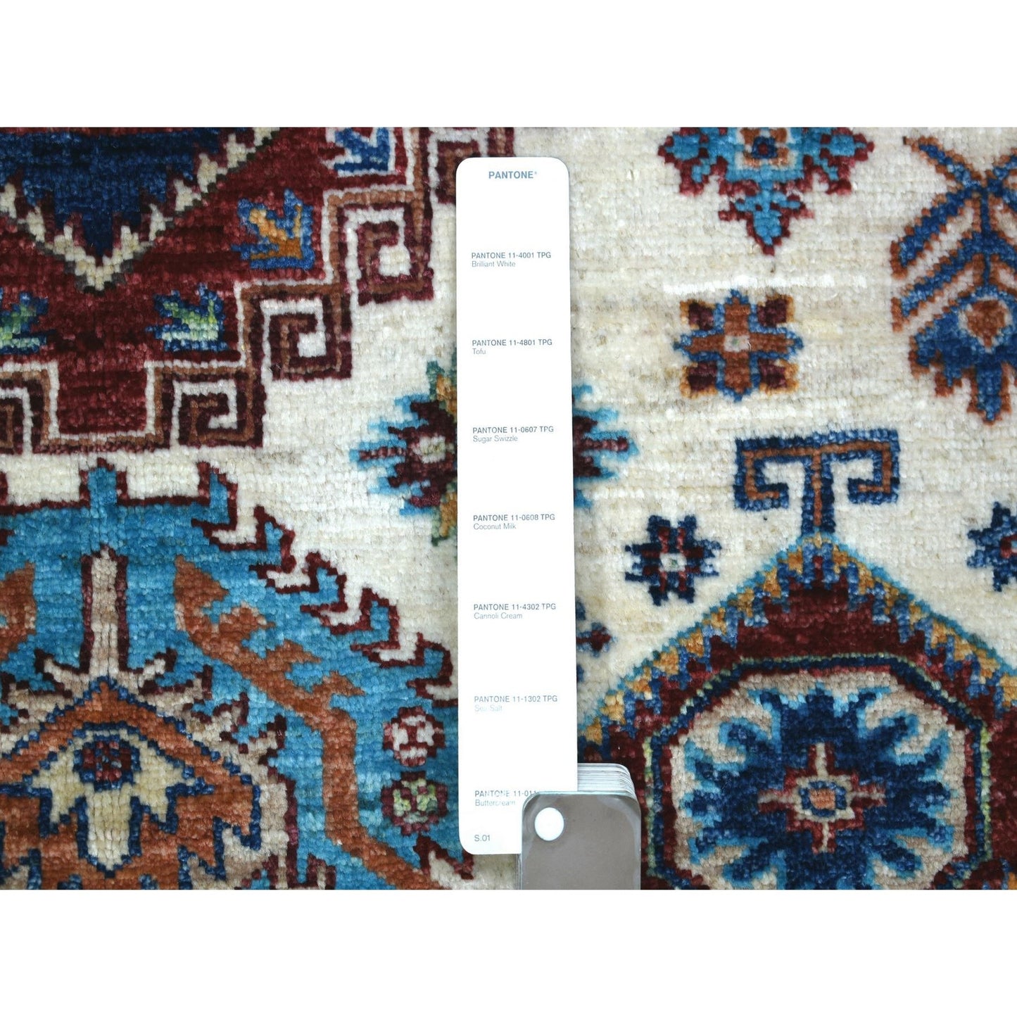 4'1"X5'8" Ivory Pure Wool Hand Knotted Caucasian Super Kazak Rug