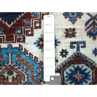 4'1"X5'8" Ivory Pure Wool Hand Knotted Caucasian Super Kazak Rug