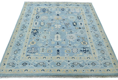 Blue Kazak Oushak Handmade Rug 4X5 Ft Floral