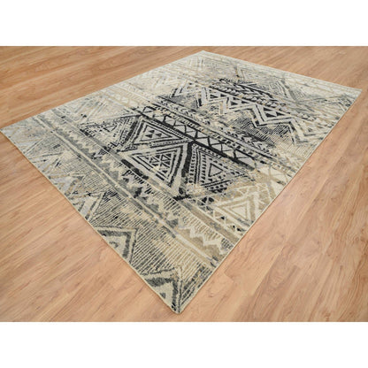 9'1"X12' Gray Erased Ethnic Geometric Design Wool Hand Knotted Rug