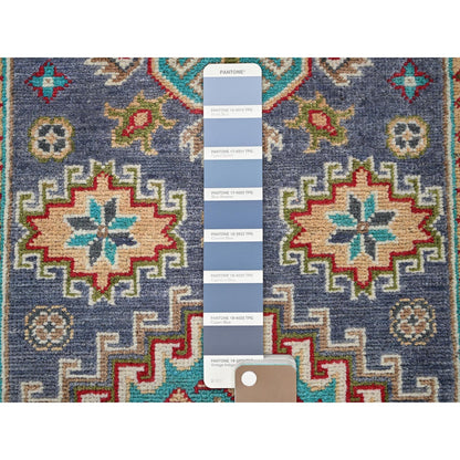 2'8"X4' Purple Kazak Geometric Design Hand Knotted Soft Wool Sample Rug