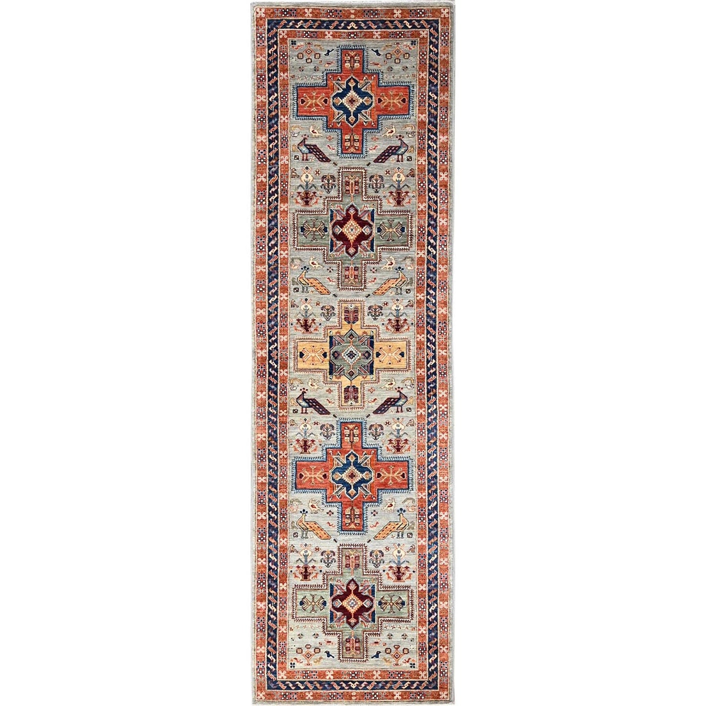 2'8"X9'7" Misty Gray Caucasian Design Soft Wool Hand Knotted Runner Rug