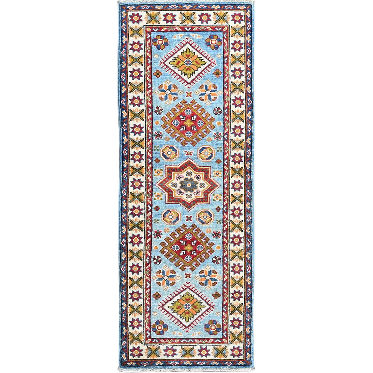 2'1"X5'9" Blue Kazak Geometric Design Hand Knotted Soft Wool Runner Rug