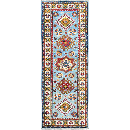 2'1"X5'9" Blue Kazak Geometric Design Hand Knotted Soft Wool Runner Rug