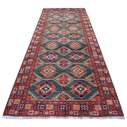 4'10"X12'9" Teal Afghan Ersari Geometric Design Hand Knotted Wool Rug