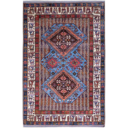 5'10"X9' Azure Blue Hand Knotted Shiny Wool Turkish Knot Striped Rug