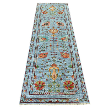 2'9"x8'6" Blue Afghan Sultani with All Over Design Wool Runner Rug