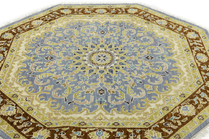 Handmade Oushak Blue Wool Octagon Floral Design 6X6 ft Oriental Home Carpet