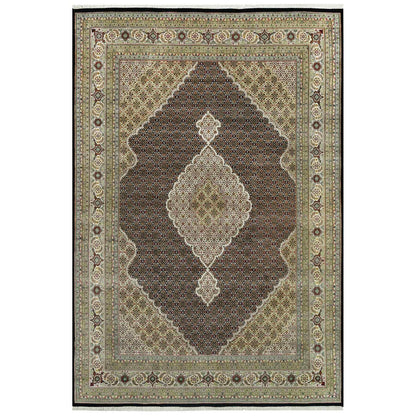 9'8"X14'2" Smoky Black Hand Knotted Wool Tebraz Mahi Fish Medallion Rug