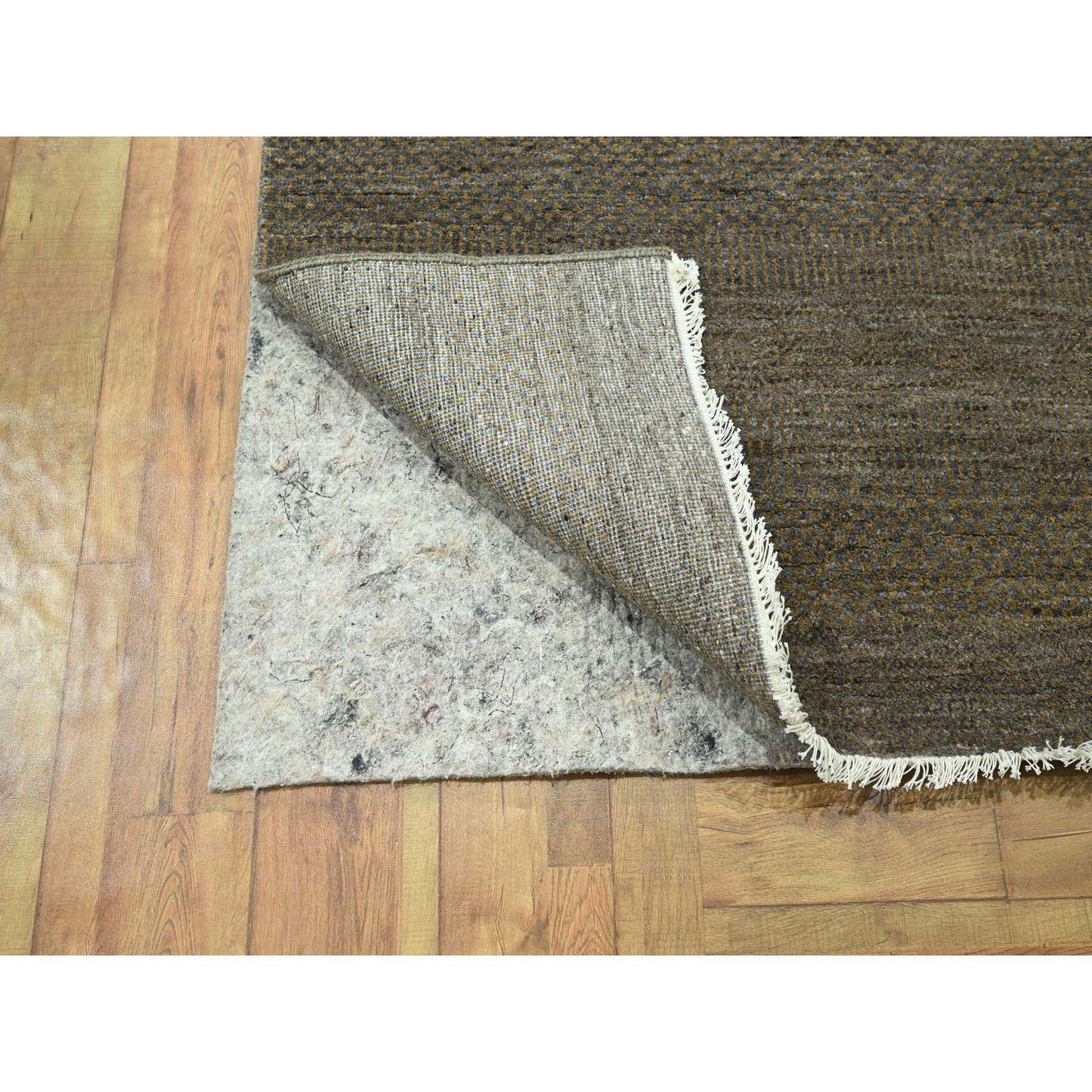 7'10"X10' Honey Brown Modern Grass Design Hand Knotted Wool And Silk Rug