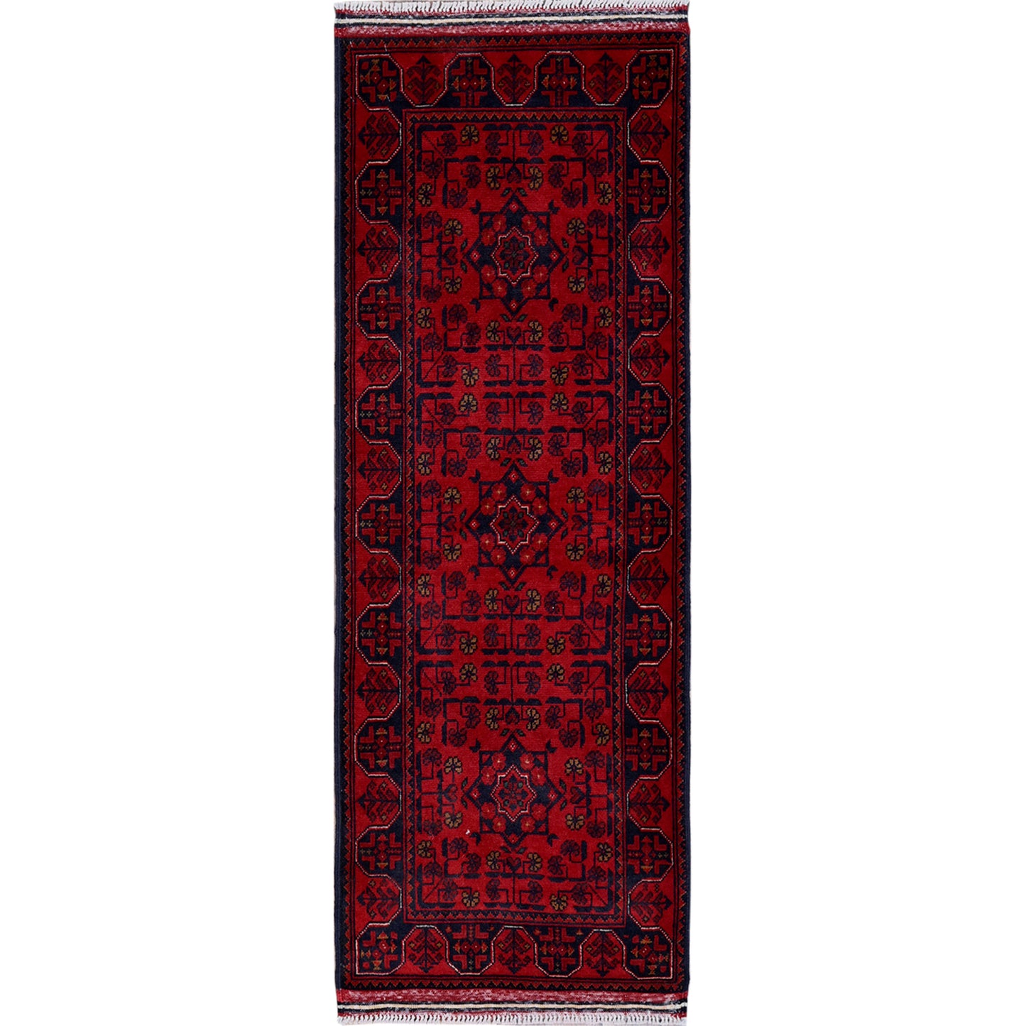 1'9"X4'9" Red Afghan Khamyab Geometric Pattern Hand Knotted Wool Runner Rug